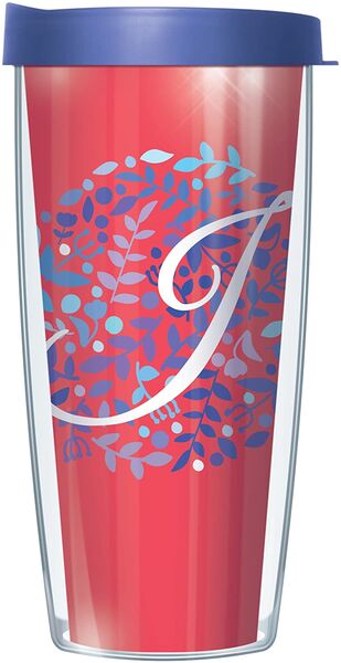 22oz Tumbler - Script Letter J on Pink Floral w/ Blue Lid 08-BNL1785LS2-J