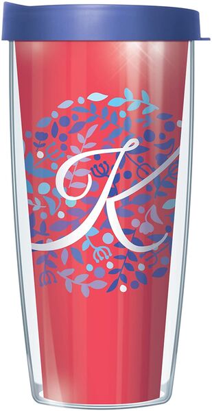 16oz Tumbler - Script Letter K on Pink Floral w/ Blue Lid 02-BNL1785LS2-K