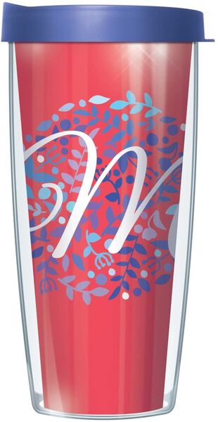 18oz Handle Mug - Script Letter M on Pink Floral w/ Blue Lid 06-BNL1785LS2-M