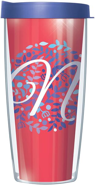 24oz Flareside Tumbler - Script Letter N on Pink Floral w/ Blue Lid 24F-BNL1785LS2-N