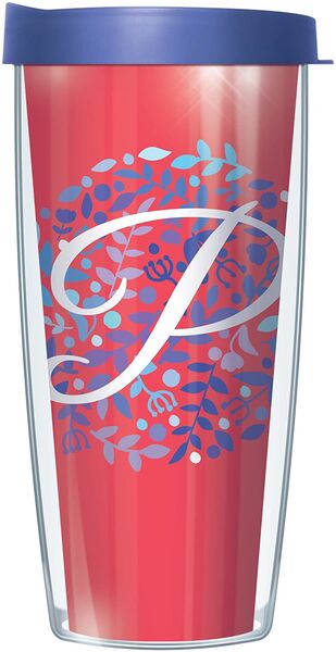 16oz Tumbler - Script Letter P on Pink Floral w/ Blue Lid 02-BNL1785LS2-P