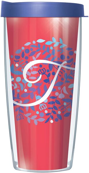 22oz Tumbler - Script Letter T on Pink Floral w/ Blue Lid 08-BNL1785LS2-T