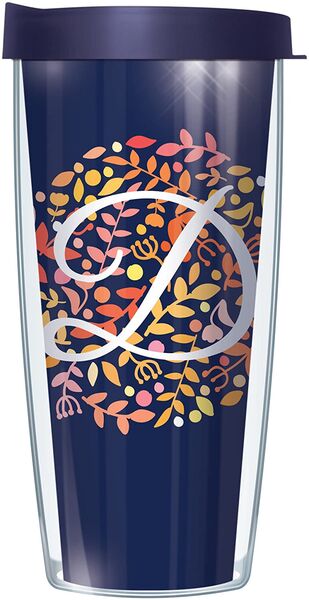 16oz Short Tumbler - Script Letter D on Navy Floral without lid 01-BNL655LS2-D