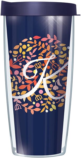 16oz Short Tumbler - Script Letter K on Navy Floral without lid 01-BNL655LS2-K