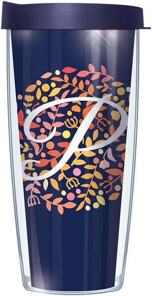 16oz Short Tumbler - Script Letter P on Navy Floral without lid 01-BNL655LS2-P