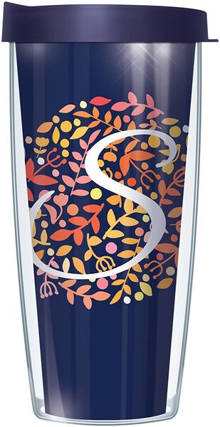 24oz Flareside Tumbler - Script Letter S on Navy Floral w/ Blue Lid 24F-BNL655LS2-S