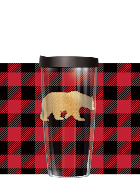 16oz Short Tumbler - Bear on Red and Black Buffalo Plaid without lid 01-BUF