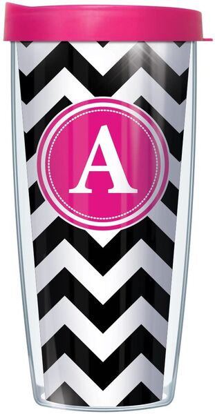 28oz Mega Tumbler - Bold Letter A on Black Chevron w/ Pink Lid H2-CHV010LB-A