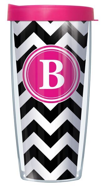 22oz Tumbler - Bold Letter B on Black Chevron w/ Pink Lid 08-CHV010LB-B