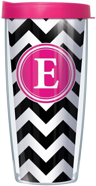 22oz Tumbler - Bold Letter E on Black Chevron w/ Pink Lid 08-CHV010LB-E