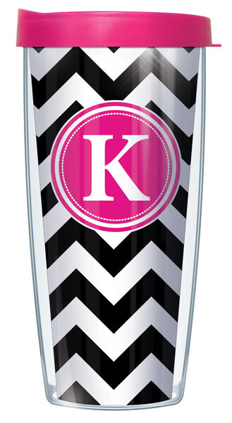 16oz Tumbler - Pink "K" on Pop Chevron on Black w/ Pink Lid 02-CHV010LB-K