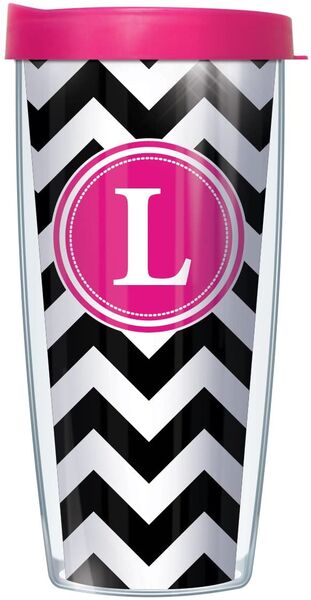 28oz Mega Tumbler - Bold Letter L on Black Chevron w/ Pink Lid H2-CHV010LB-L