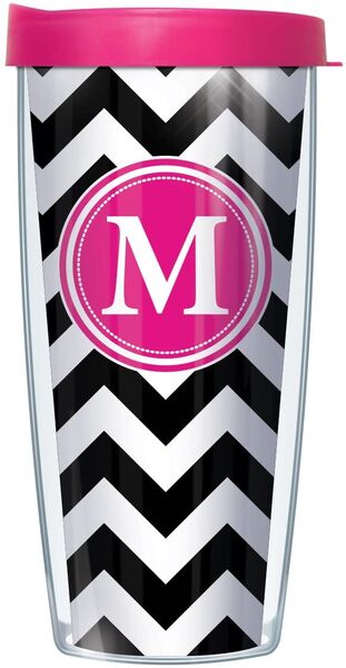 18oz Handle Mug - Pink "M" on Pop Chevron on Black w/ Pink Lid 06-CHV010LB-M