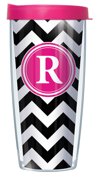 28oz Mega Tumbler - Pink "R" on Pop Chevron on Black w/ Pink Lid H2-CHV010LB-R