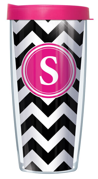 28oz Mega Tumbler - Pink "S" on Pop Chevron on Black w/ Pink Lid H2-CHV010LB-S