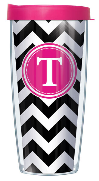 18oz Handle Mug - Bold Letter T on Black Chevron w/ Pink Lid 06-CHV010LB-T