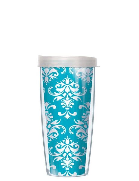 22oz Tumbler - Teal #3125 Damask w/ Clear Lid 08-DAM3125