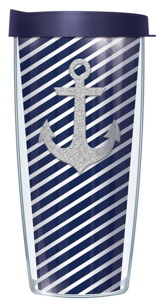 16oz Tumbler - Silver Anchor Bling Patch on Navy Stripes w/ Navy Lid 02-DGL655-AN1