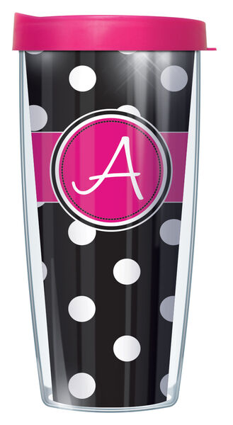 18oz Handle Mug - Handwritten Letter A on Black and White Dots w/ Pink Lid 06-DOT010219LH-A