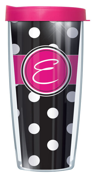 16oz Tumbler - Handwritten Letter E on Black and White Dots w/ Pink Lid 02-DOT010219LH-E