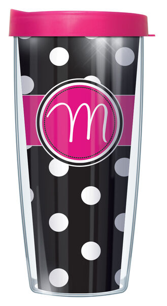 22oz Tumbler - Handwritten Letter M on Black and White Dots w/ Pink Lid 08-DOT010219LH-M