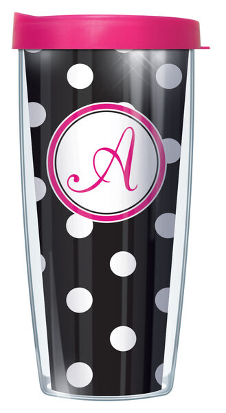 24oz Flareside Tumbler - Script Letter A on Black and White Dots w/ Black Lid 24F-DOT010219LS-A