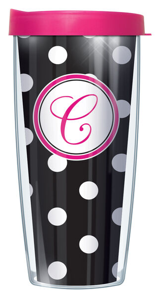 24oz Flareside Tumbler - Script Letter C on Black and White Dots w/ Black Lid 24F-DOT010219LS-C