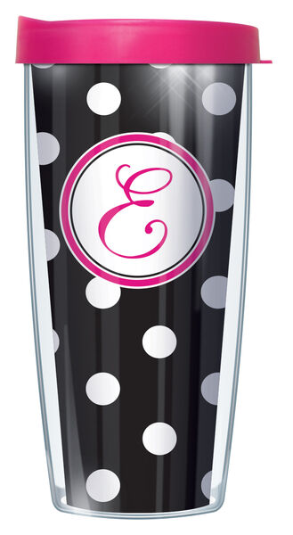 16oz Short Tumbler - Script Letter E on Black and White Dots without lid 01-DOT010219LS-E