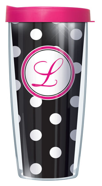 22oz Tumbler - Script Letter L on Black and White Dots w/ Pink Lid 08-DOT010219LS-L