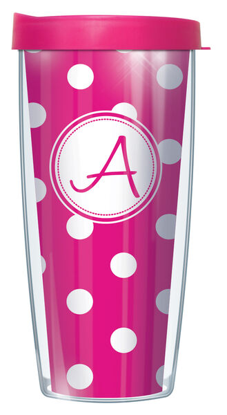 28oz Mega Tumbler - Handwritten Letter A on Pink and White Dots w/ Pink Lid H2-DOT219LH-A