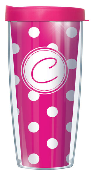 28oz Mega Tumbler - Handwritten Letter C on Pink and White Dots w/ Pink Lid H2-DOT219LH-C