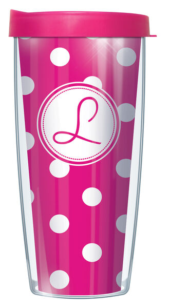 28oz Sport Tumbler - Handwritten Letter L on Pink and White Dots w/ Gray Lid ST-DOT219LH-L