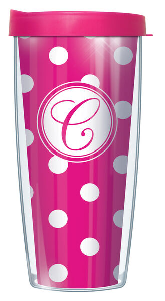 22oz Tumbler - Script Letter C on Pink and White Dots w/ Pink Lid 08-DOT219LS-C