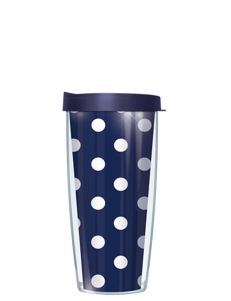 18oz Handle Mug - White Polka Dots on Navy w/ Blue Lid 06-DOT655