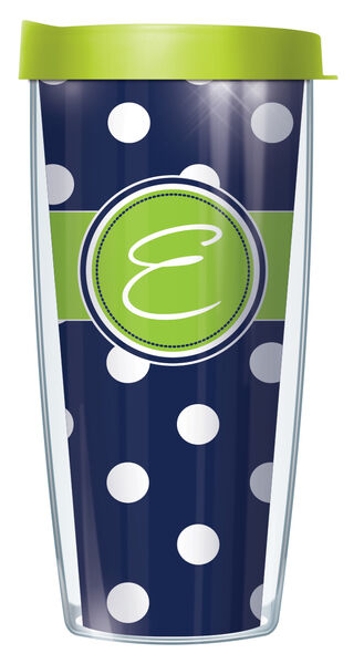 28oz Sport Tumbler - Handwritten Letter E on Navy and White Dots w/ Gray Lid ST-DOT655375LH-E