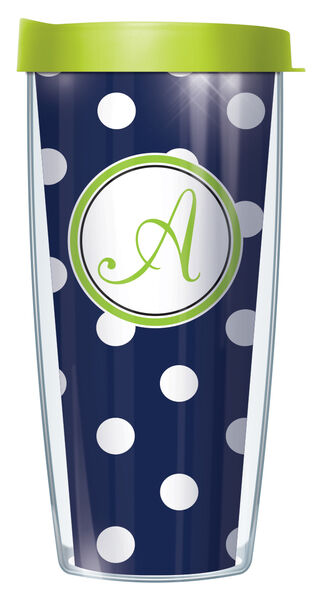 28oz Mega Tumbler - Script Letter A on Navy and White Dots w/ Lime Green Lid H2-DOT655375LS-A