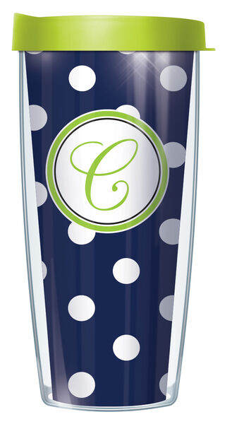 28oz Mega Tumbler - Script Letter C on Navy and White Dots w/ Lime Green Lid H2-DOT655375LS-C