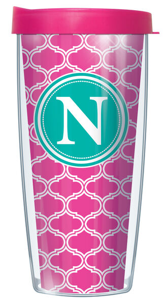 16oz Tumbler - Bold Letter N on Pink Duofoil w/ Pink Lid 02-DUO219LB-N