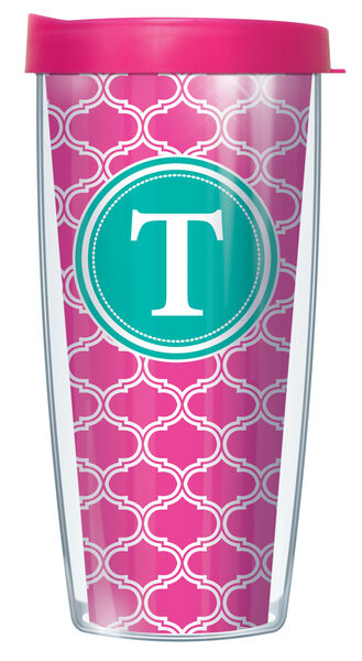 16oz Tumbler - Bold Letter T on Pink Duofoil w/ Pink Lid 02-DUO219LB-T