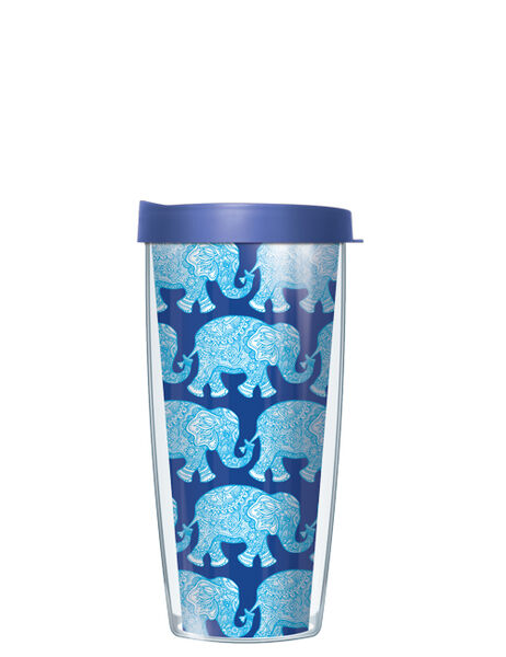 16oz Short Tumbler - Royal Elephants on Blue without lid 01-ELE6