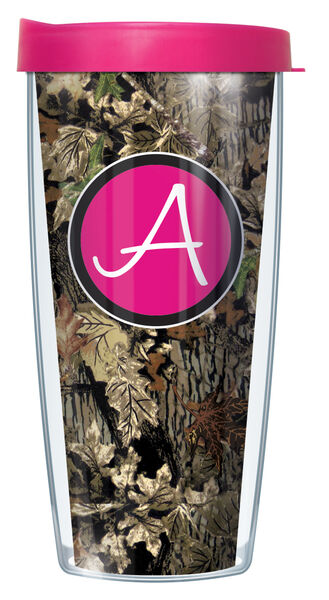 16oz Tumbler - Pink Handwritten Letter A on Fall Camo w/ Pink Lid 02-FCAM219LH-A