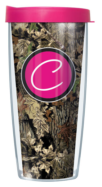 28oz Sport Tumbler - Pink Handwritten Letter C on Fall Camo w/ Gray Lid ST-FCAM219LH-C