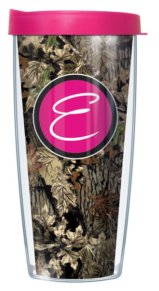 22oz Tumbler - Pink Handwritten Letter E on Fall Camo w/ Pink Lid 08-FCAM219LH-E