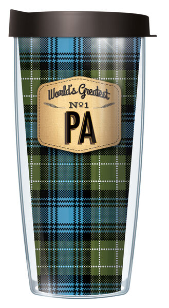 16oz Short Tumbler - World's Greatest Pa on Blue Flannel without lid 01-FLA901PA