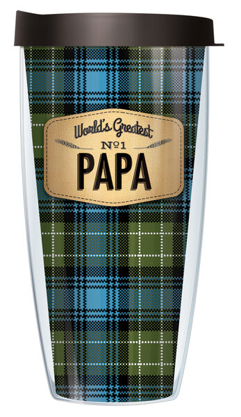 16oz Short Tumbler - World's Greatest Papa on Blue Flannel without lid 01-FLA901PAP