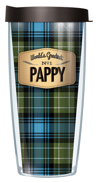 16oz Tumbler - World's Greatest Pappy on Blue Flannel w/ Black Lid 02-FLA901PAY