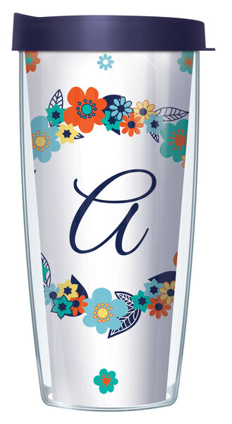 18oz Handle Mug - Script Letter A on Floral Wreath w/ Blue Lid 06-FLOLELS2-A