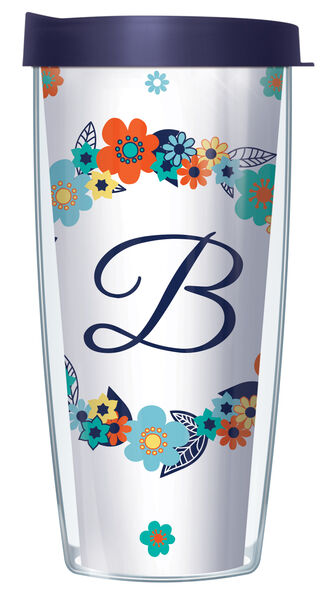 16oz Tumbler - Script Letter B on Floral Wreath w/ Navy Lid 02-FLOLELS2-B