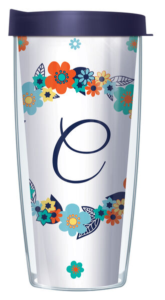 28oz Sport Tumbler - Floral Wreath Cursive Letter "C" Initial w/ Gray Lid ST-FLOLELS2-C