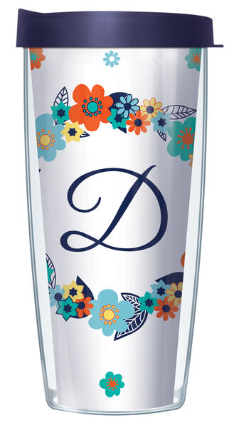 16oz Short Tumbler - Script Letter D on Floral Wreath without lid 01-FLOLELS2-D